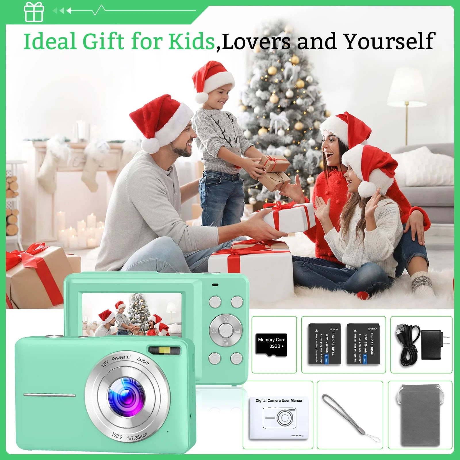 Digital Camera,Fhd 1080P Digital Camera for Kids Video Camera with 32GB Card 16X Digital Zoom, Compact Point and Shoot Camera Portable Small Camera for Teens Students Boys Girls Seniors(Black)